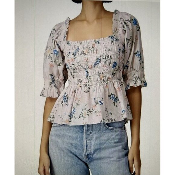 SAYLOR Women Pink Cotton Floral Smocked Peplum Clover Blouse Boho Top Size M - Picture 1 of 14